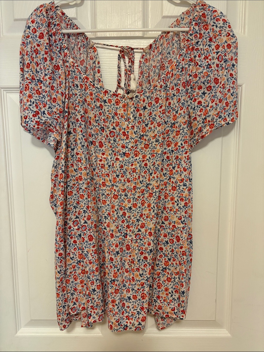 Floral Flowy Sleeve Peasant Top in Blue, White and Red